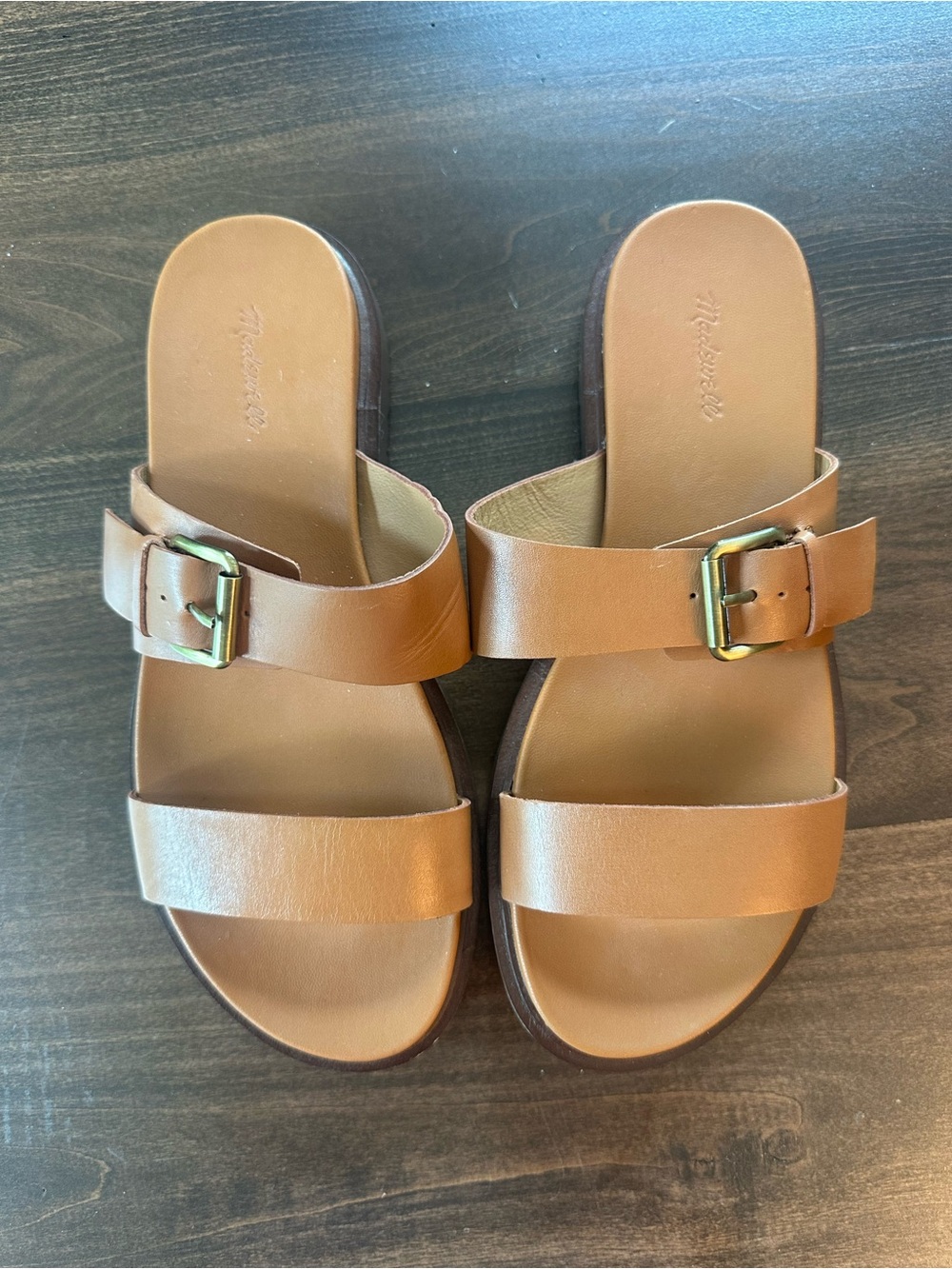 Madewell Tan Leather Double-Strap Slide Sandals with Gold Buckles
